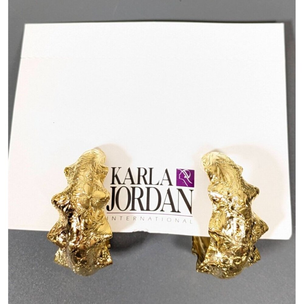 Vintage Karla Jordan Gold Tone Repousse Style Textured Bold Hoop Pierced Earring